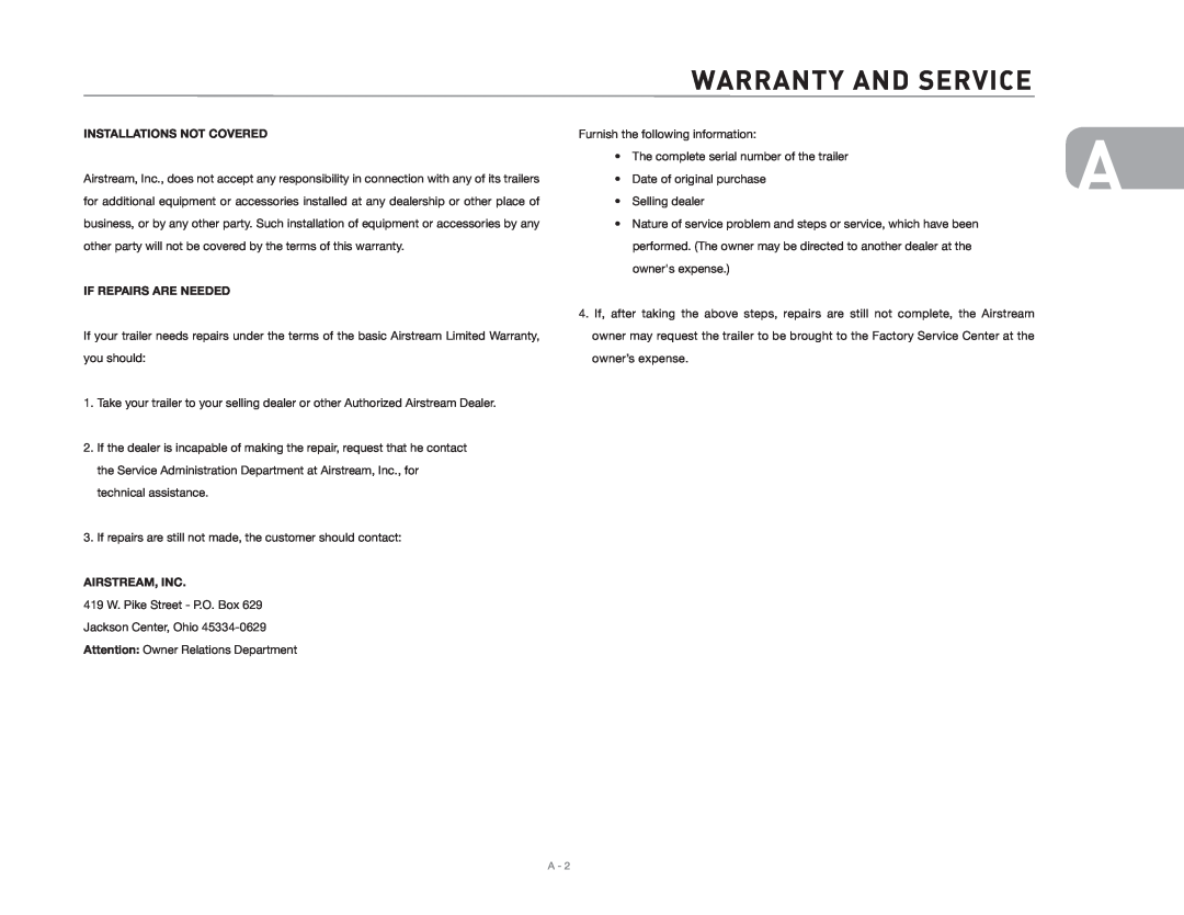 Maytag 2006 owner manual Warranty and Service, Installations Not Covered, If Repairs Are Needed, Airstream, Inc 