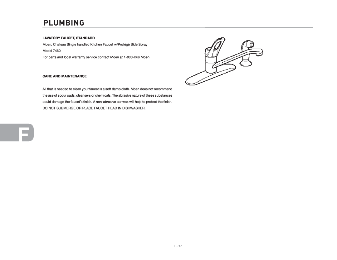 Maytag 2006 owner manual Plumbing, Lavatory Faucet, Standard, Model, Care And Maintenance 