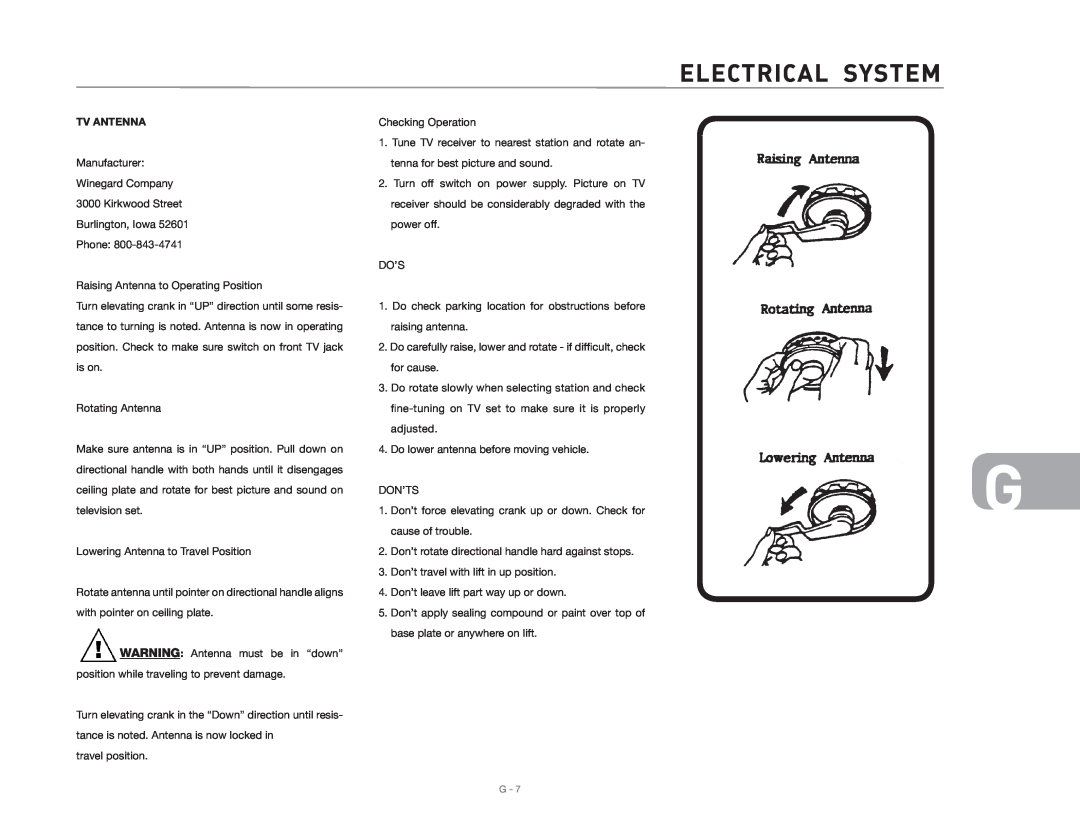 Maytag 2006 owner manual Electrical SYSTEM, Tv Antenna 