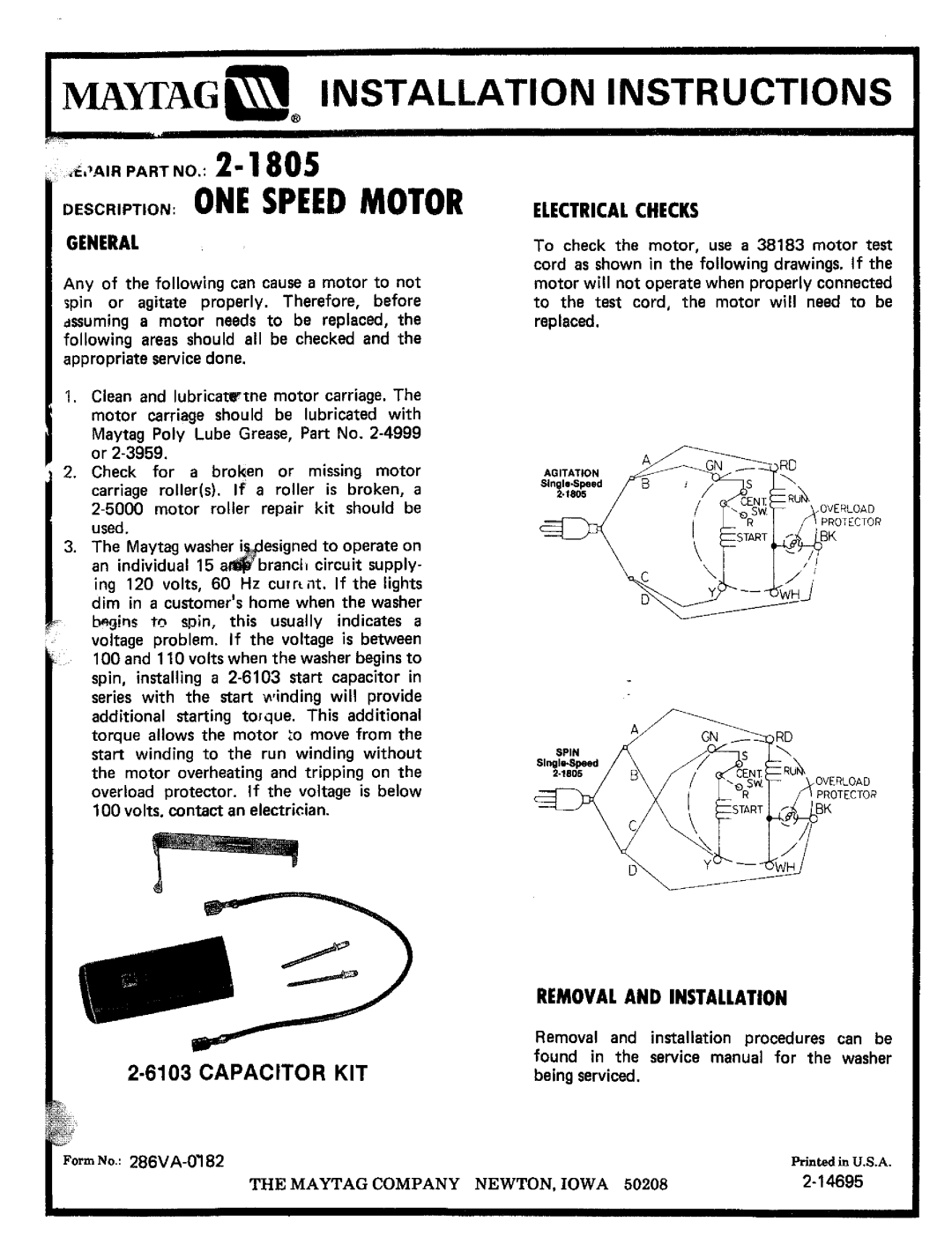 Maytag 201805 manual MAYIAG=o Installation Instructions, Desc.,,T,Ononespeedmotor, Capacitor KIT 