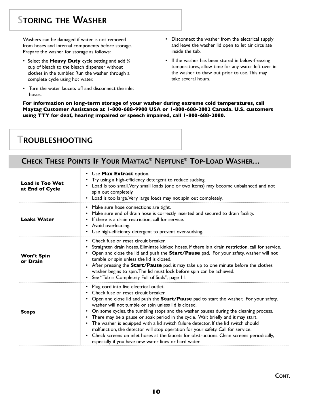 Maytag 2206679 Storing the Washer, Troubleshooting, Check These Points if Your Maytag Neptune TOP-LOAD Washer 