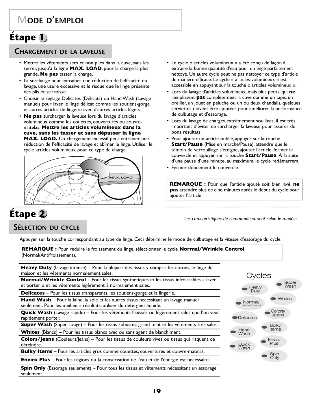 Maytag 2206679 important safety instructions Mode D’EMPLOI, Chargement DE LA Laveuse, Sélection DU Cycle 