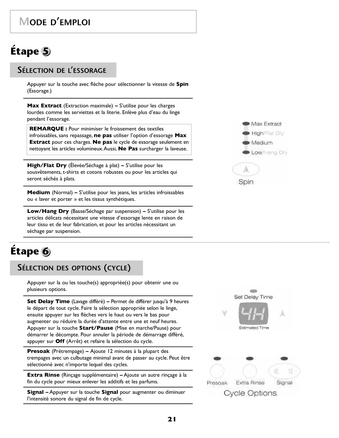 Maytag 2206679 important safety instructions Sélection DE L’ESSORAGE, Sélection DES Options Cycle 