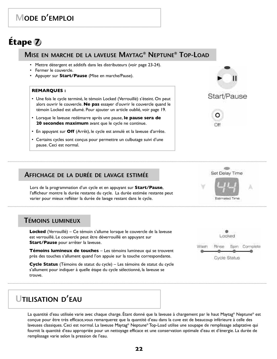 Maytag 2206679 Utilisation D’EAU, Mise EN Marche DE LA Laveuse Maytag Neptune TOP-LOAD, Témoins Lumineux 