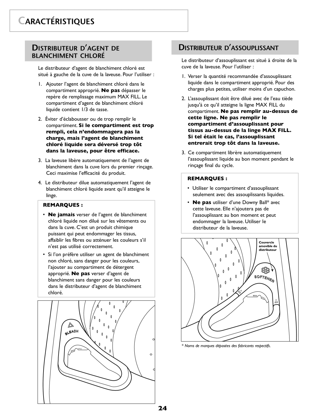 Maytag 2206679 important safety instructions Distributeur D’AGENT DE Blanchiment Chloré, Distributeur D’ASSOUPLISSANT 