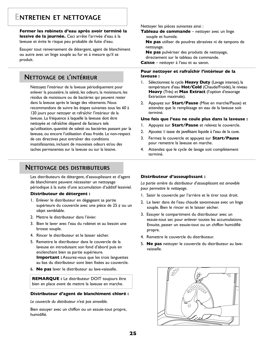 Maytag 2206679 important safety instructions Entretien ET Nettoyage, Nettoyage DE L’INTÉRIEUR, Nettoyage DES Distributeurs 