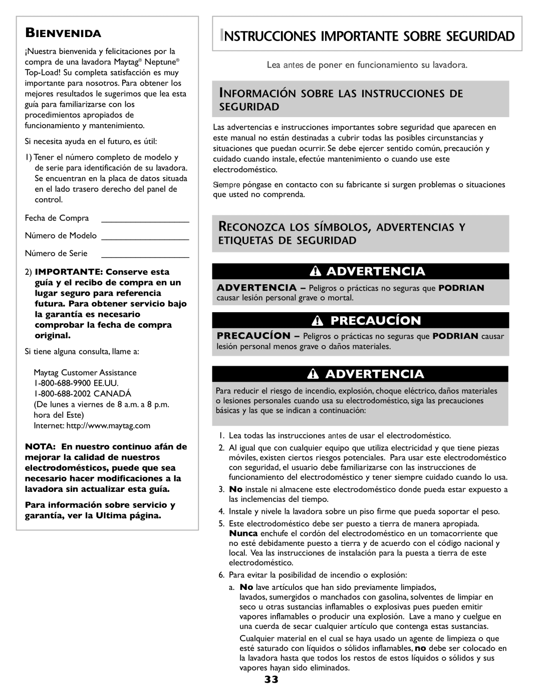 Maytag 2206679 Bienvenida, Información Sobre LAS Instrucciones DE Seguridad, Si tiene alguna consulta, llame a 