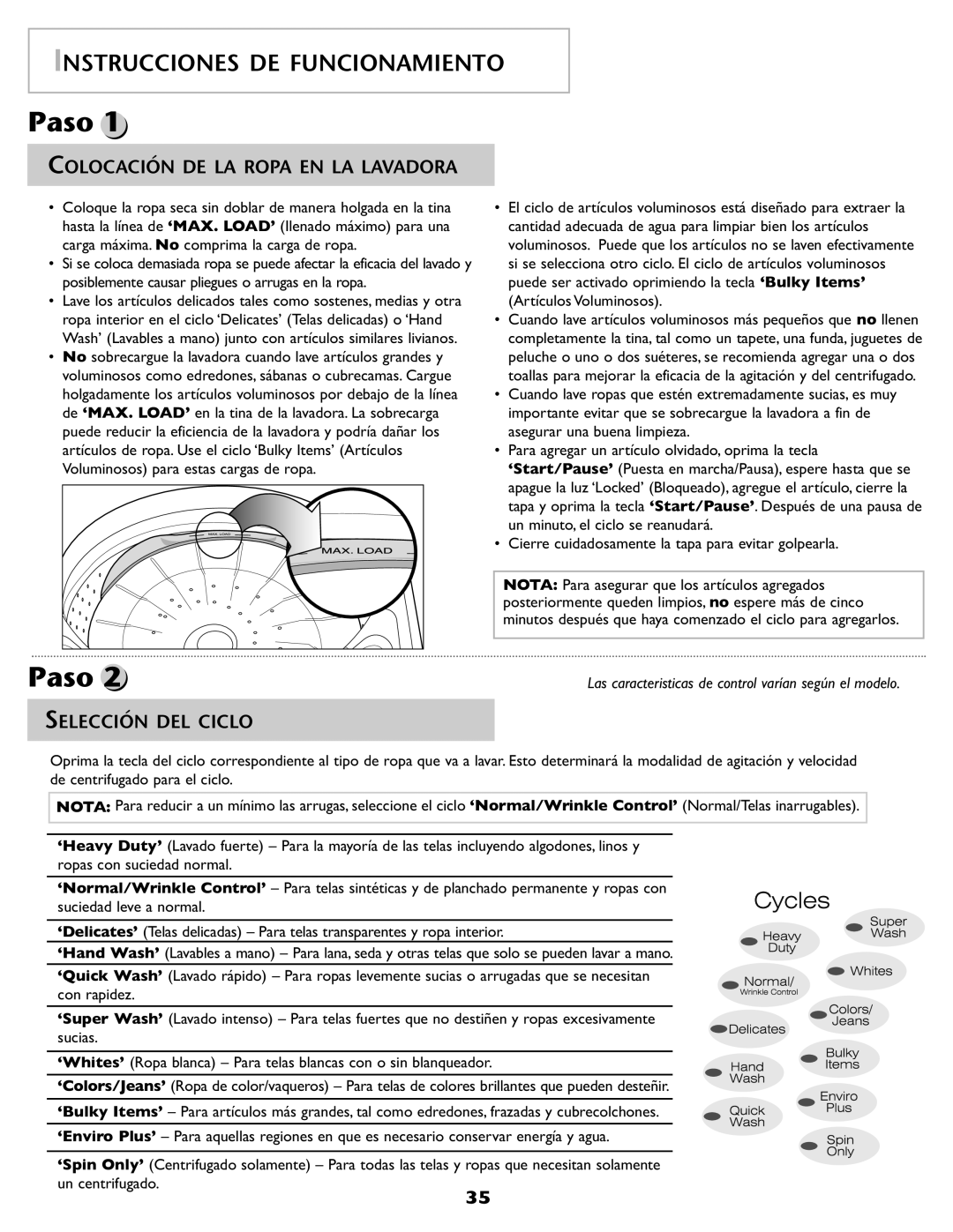 Maytag 2206679 Instrucciones DE Funcionamiento, Colocación DE LA Ropa EN LA Lavadora, Selección DEL Ciclo, Un centrifugado 