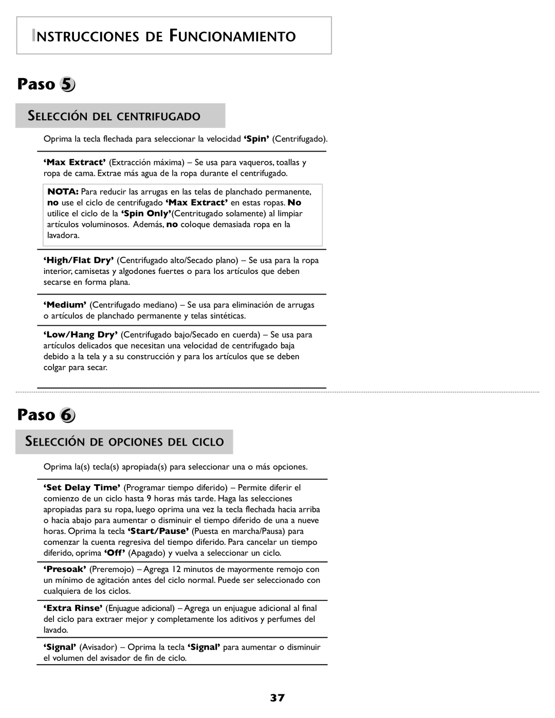 Maytag 2206679 important safety instructions Selección DEL Centrifugado, Selección DE Opciones DEL Ciclo 