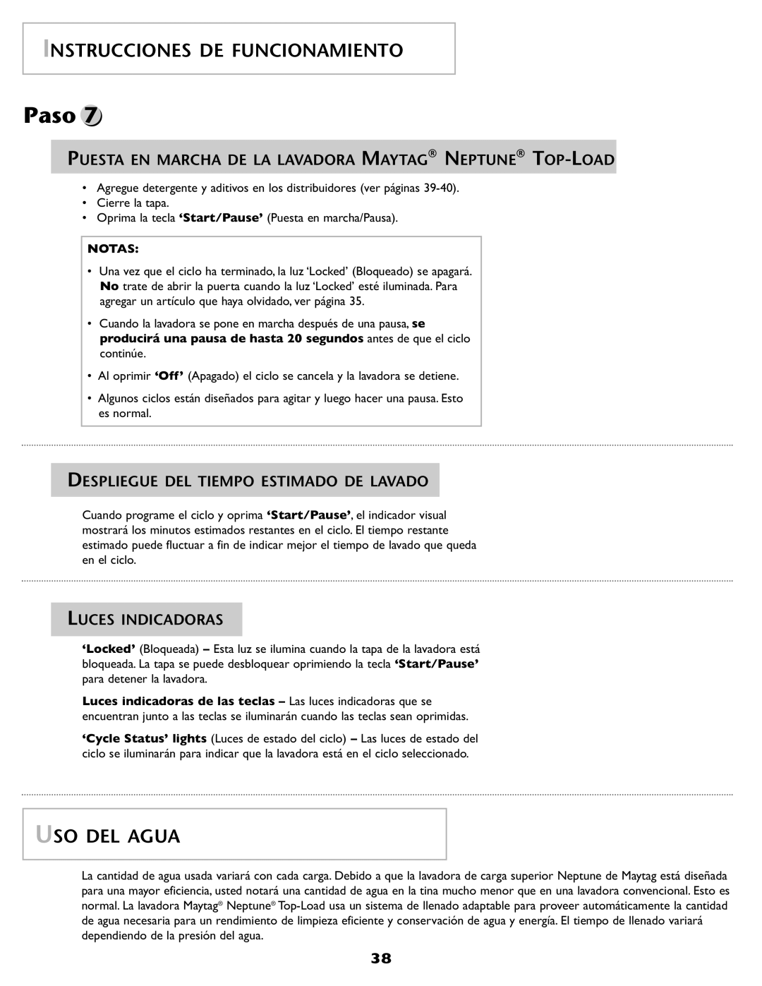 Maytag 2206679 USO DEL Agua, Puesta EN Marcha DE LA Lavadora Maytag Neptune TOP-LOAD, Luces Indicadoras 