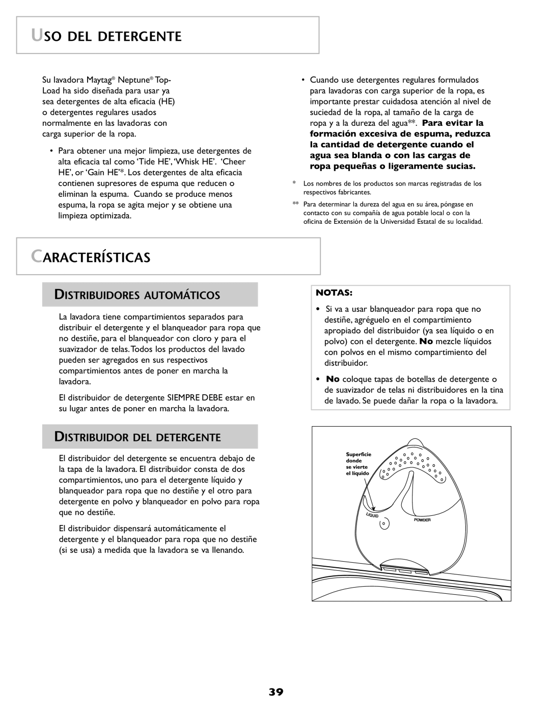 Maytag 2206679 USO DEL Detergente, Características, Distribuidores Automáticos, Distribuidor DEL Detergente 