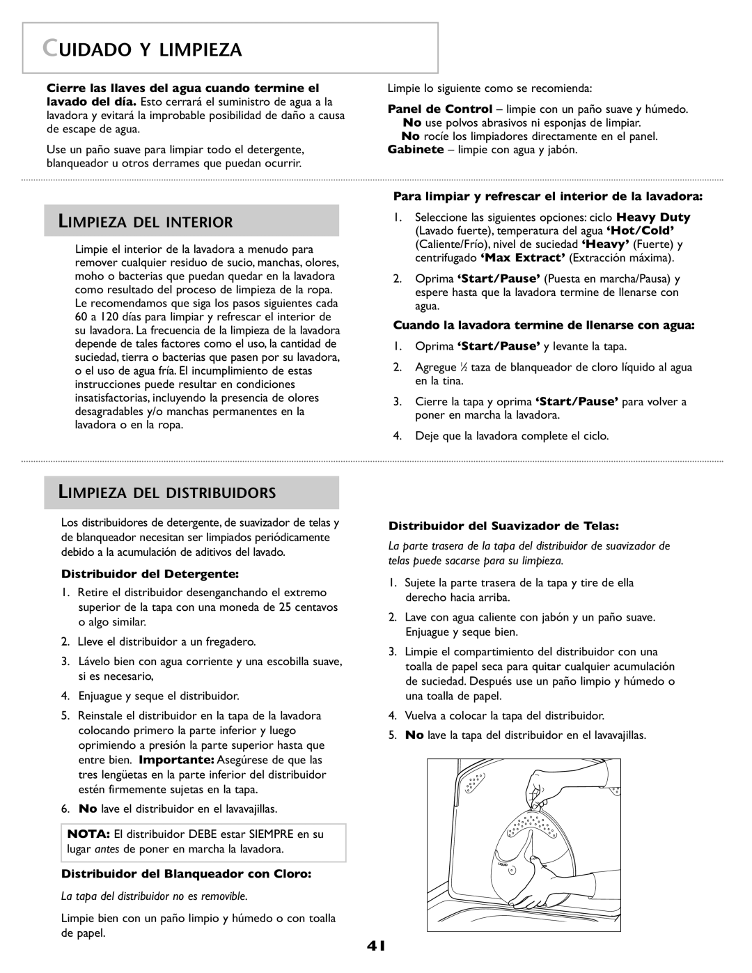 Maytag 2206679 important safety instructions Cuidado Y Limpieza, Limpieza DEL Interior, Limpieza DEL Distribuidors 