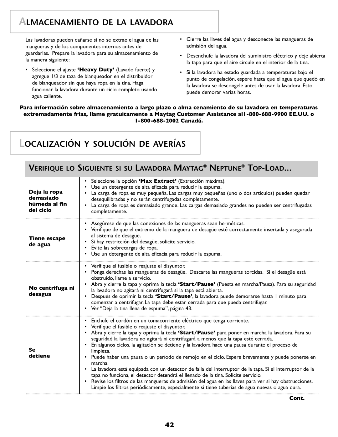Maytag 2206679 important safety instructions Almacenamiento DE LA Lavadora, Localización Y Solución DE Averías, Cont 