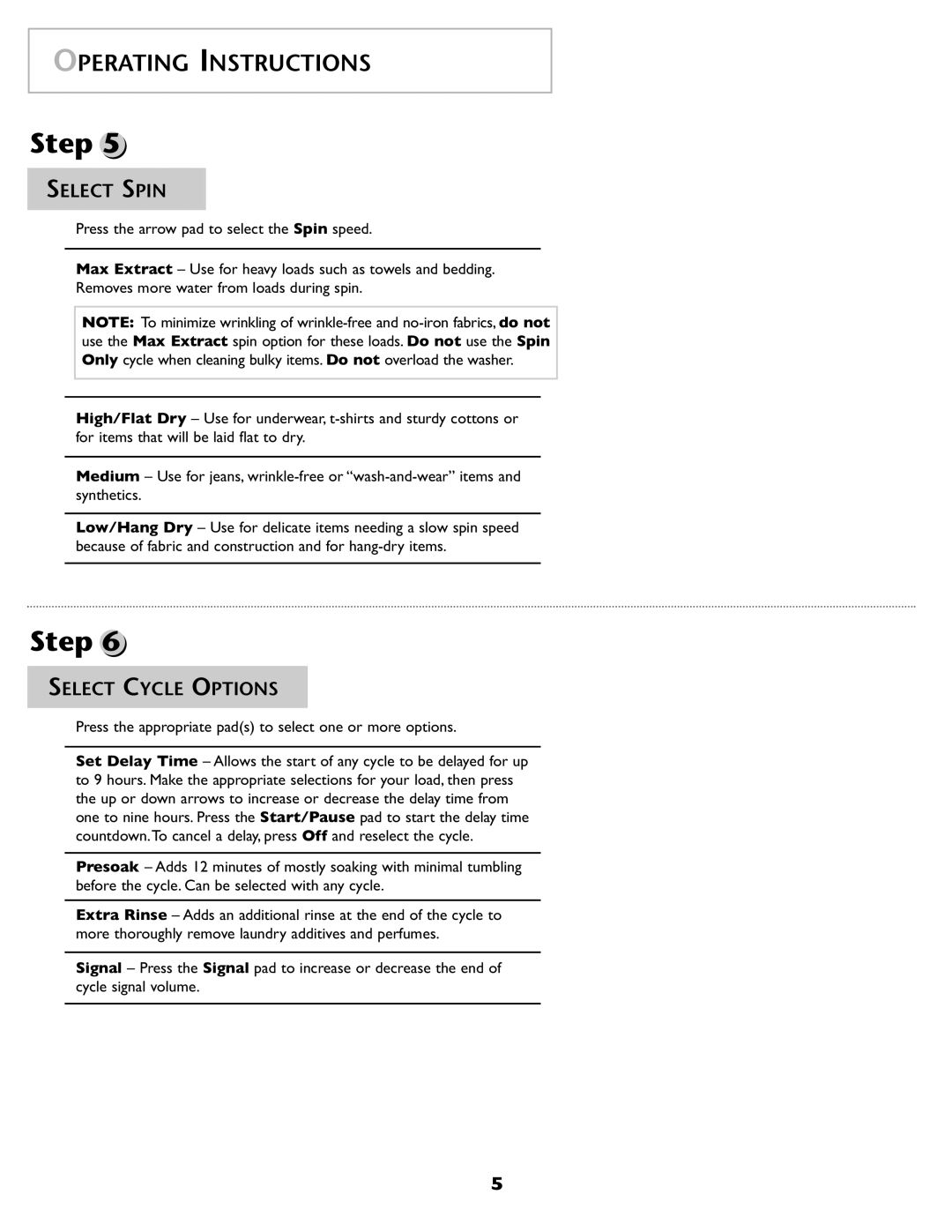 Maytag 2206679 important safety instructions Select Spin, Select Cycle Options 