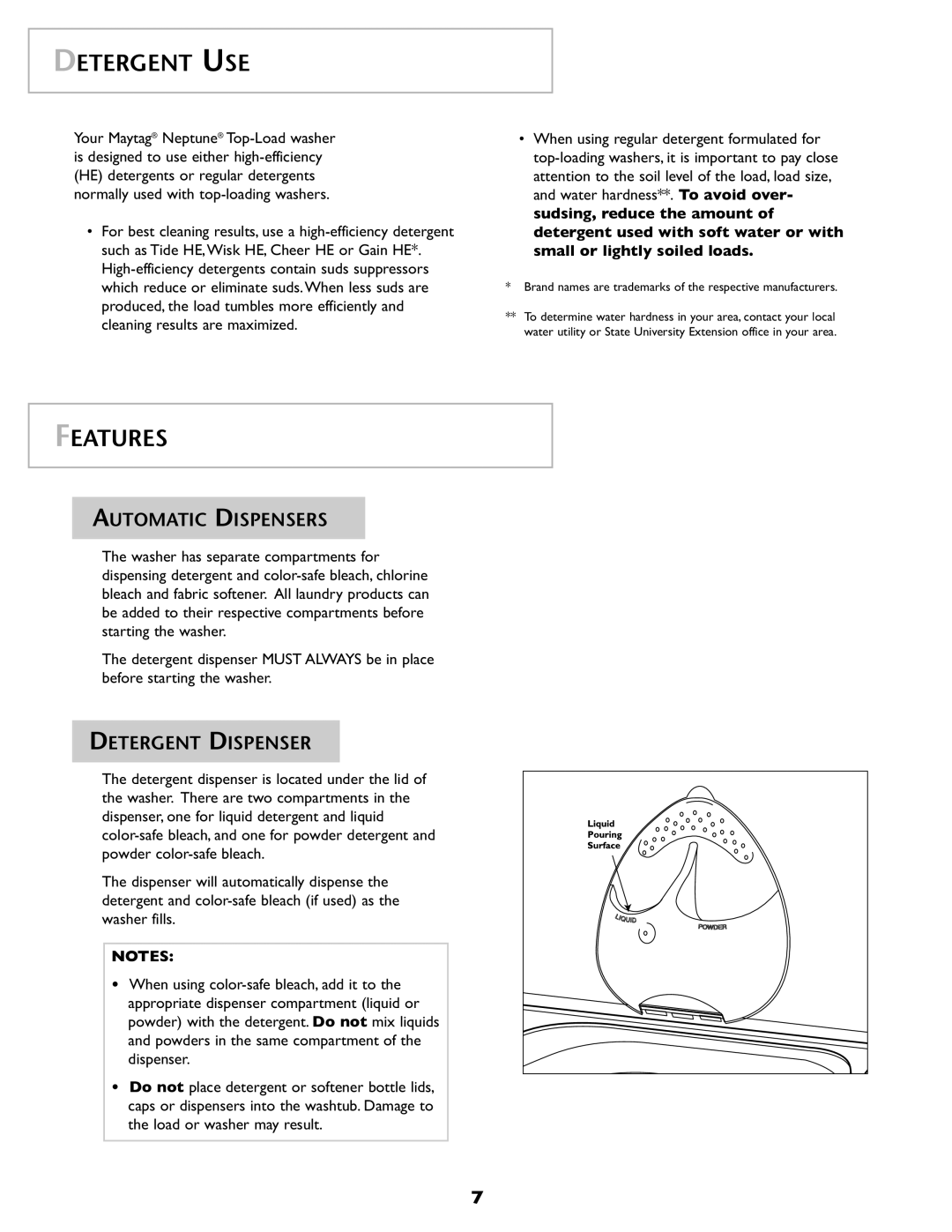 Maytag 2206679 important safety instructions Detergent USE, Features, Automatic Dispensers, Detergent Dispenser 