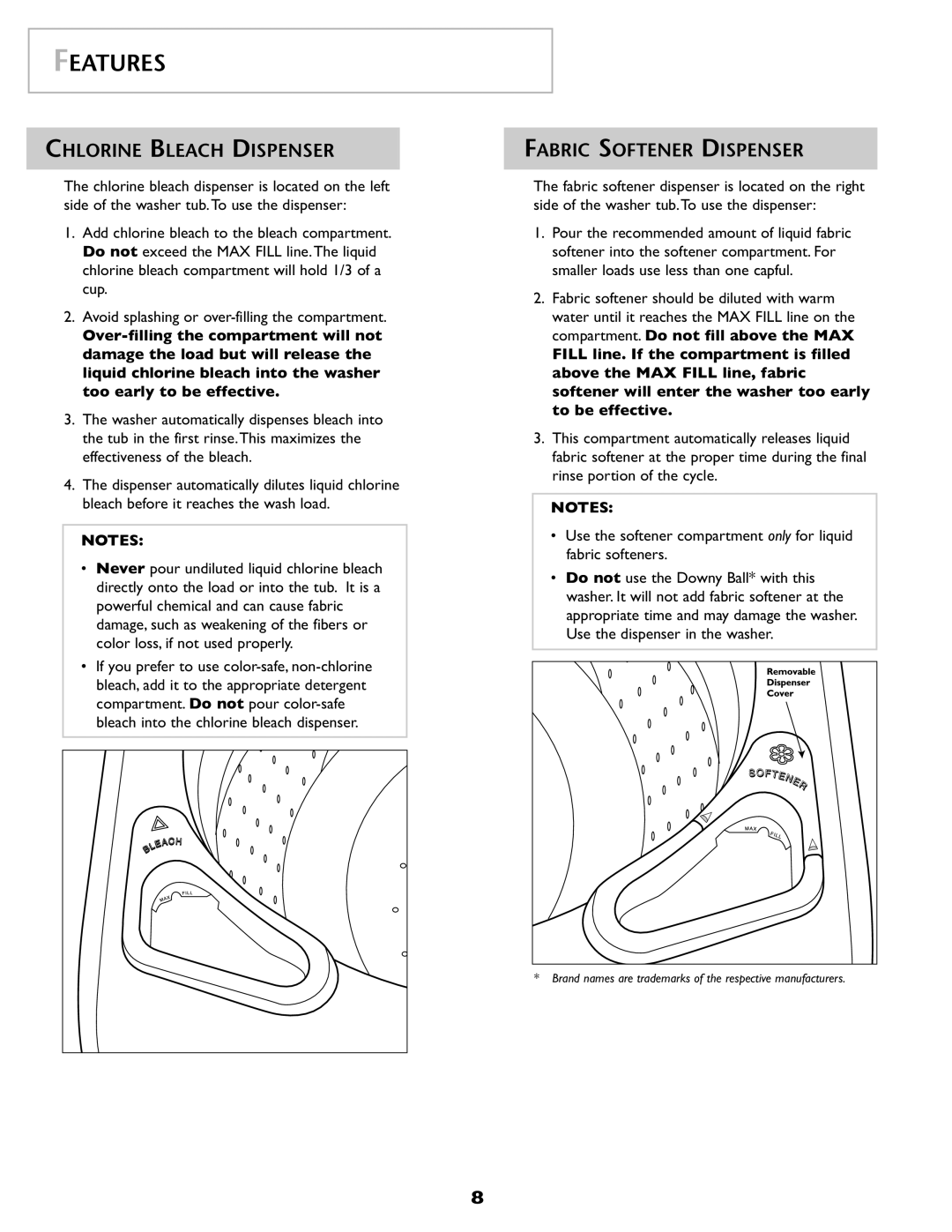 Maytag 2206679 important safety instructions Chlorine Bleach Dispenser, Fabric Softener Dispenser 