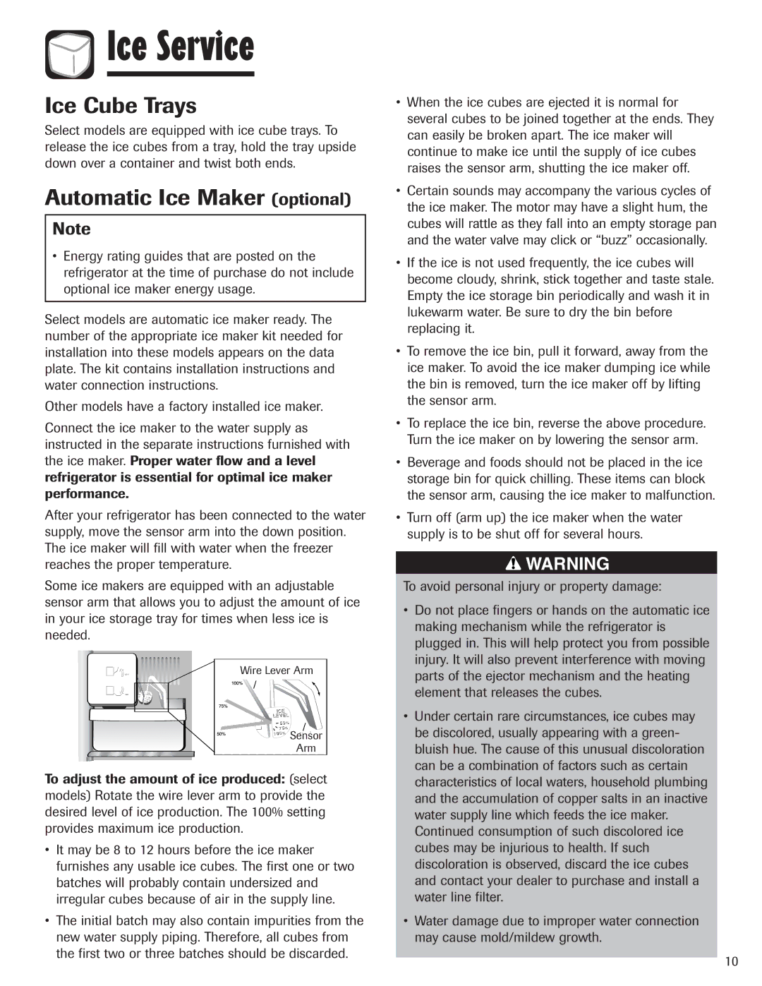 Maytag 3013912910 important safety instructions Ice Service, Ice Cube Trays, Automatic Ice Maker optional 