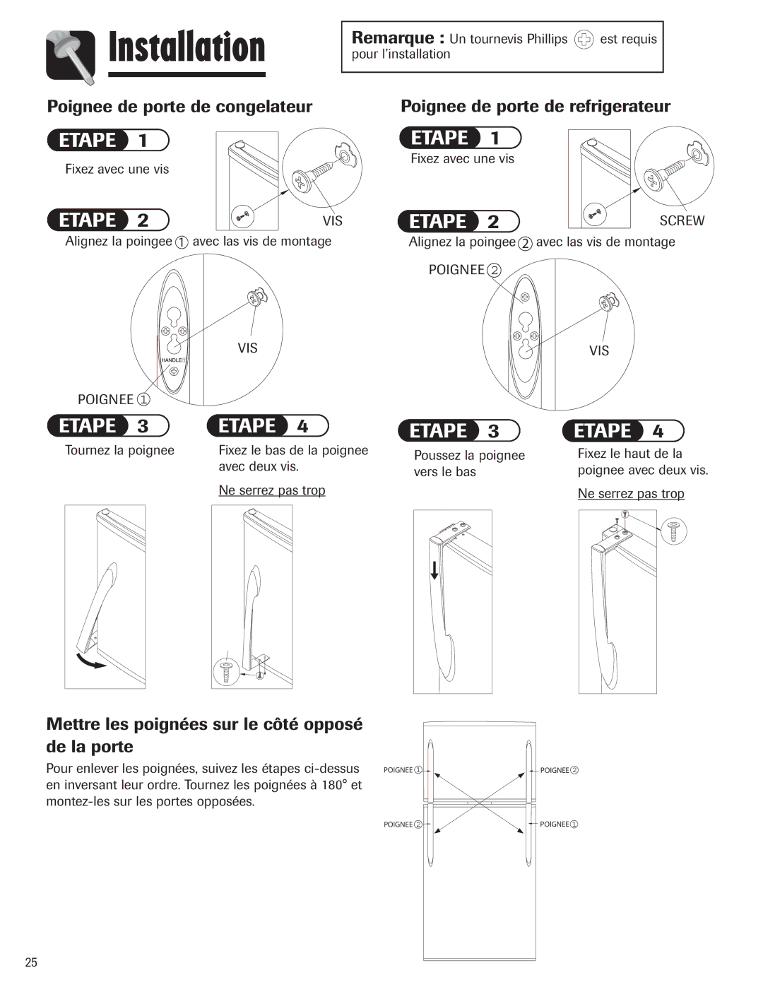 Maytag 3013912910 important safety instructions Poignee de porte de congelateur, Poignee de porte de refrigerateur 