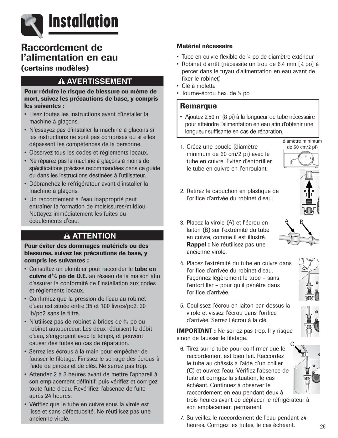 Maytag 3013912910 important safety instructions Raccordement de l’alimentation en eau 