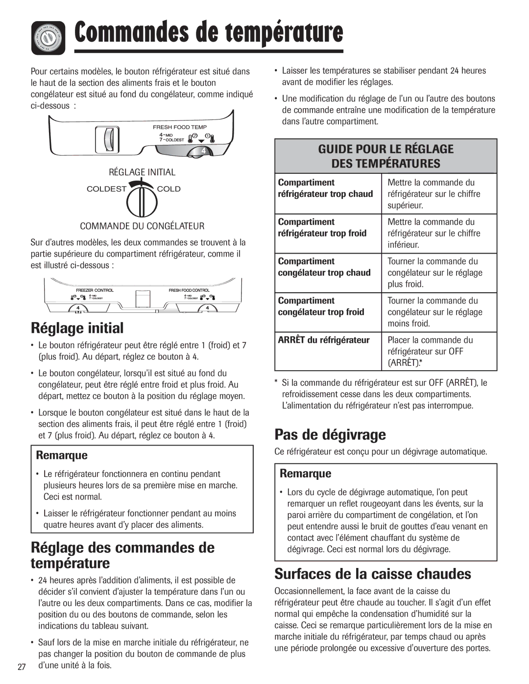 Maytag 3013912910 Commandes de température, Réglage initial, Réglage des commandes de température, Pas de dégivrage 