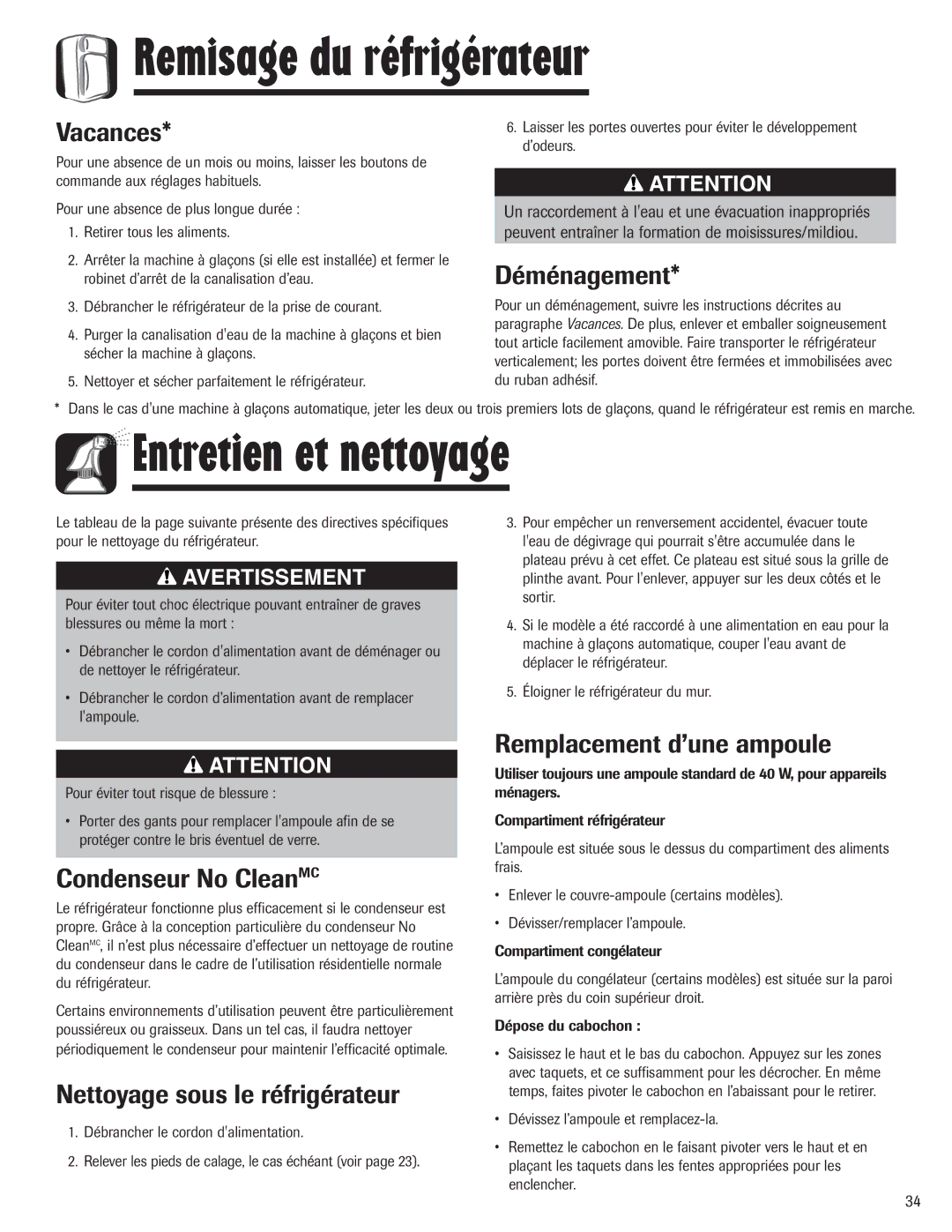 Maytag 3013912910 important safety instructions Remisage du réfrigérateur, Entretien et nettoyage 