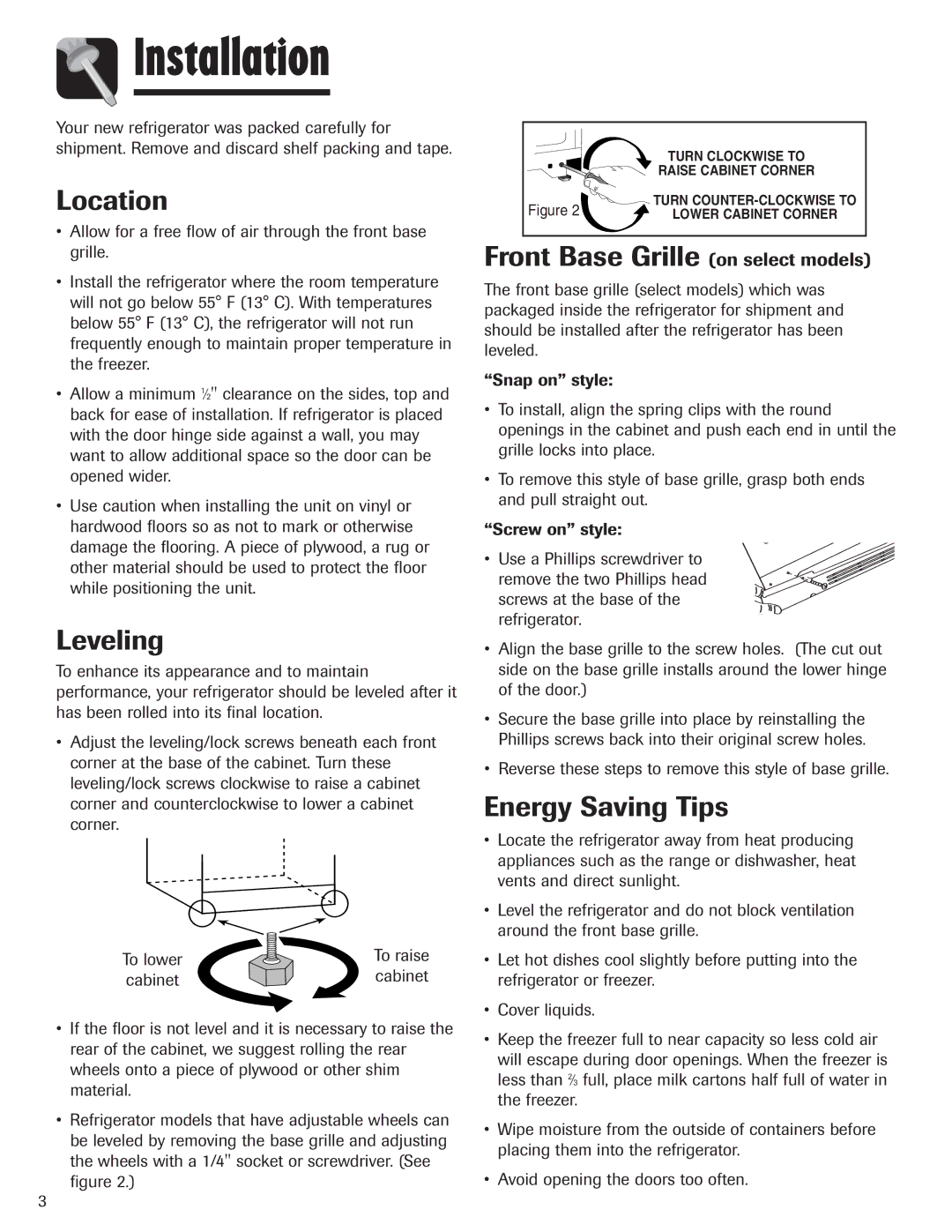 Maytag 3013912910 Installation, Location, Leveling, Front Base Grille on select models, Energy Saving Tips 