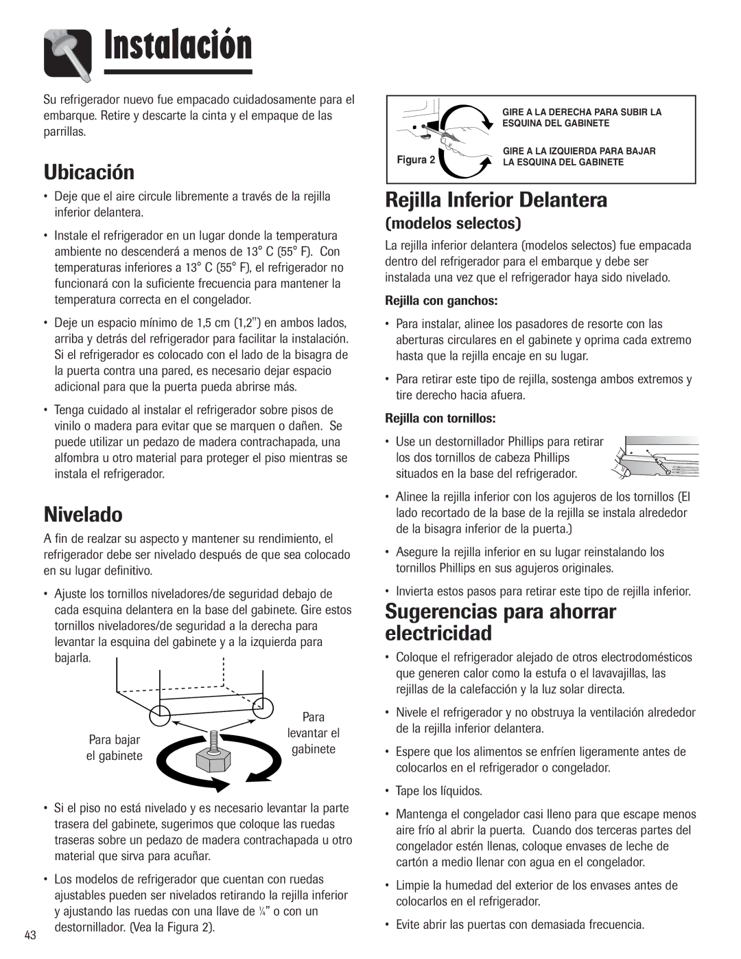 Maytag 3013912910 Instalación, Ubicación, Nivelado, Rejilla Inferior Delantera, Sugerencias para ahorrar electricidad 