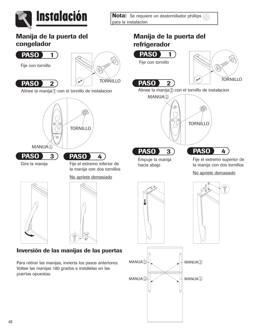 Maytag 3013912910 important safety instructions Inversión de las manijas de las puertas 