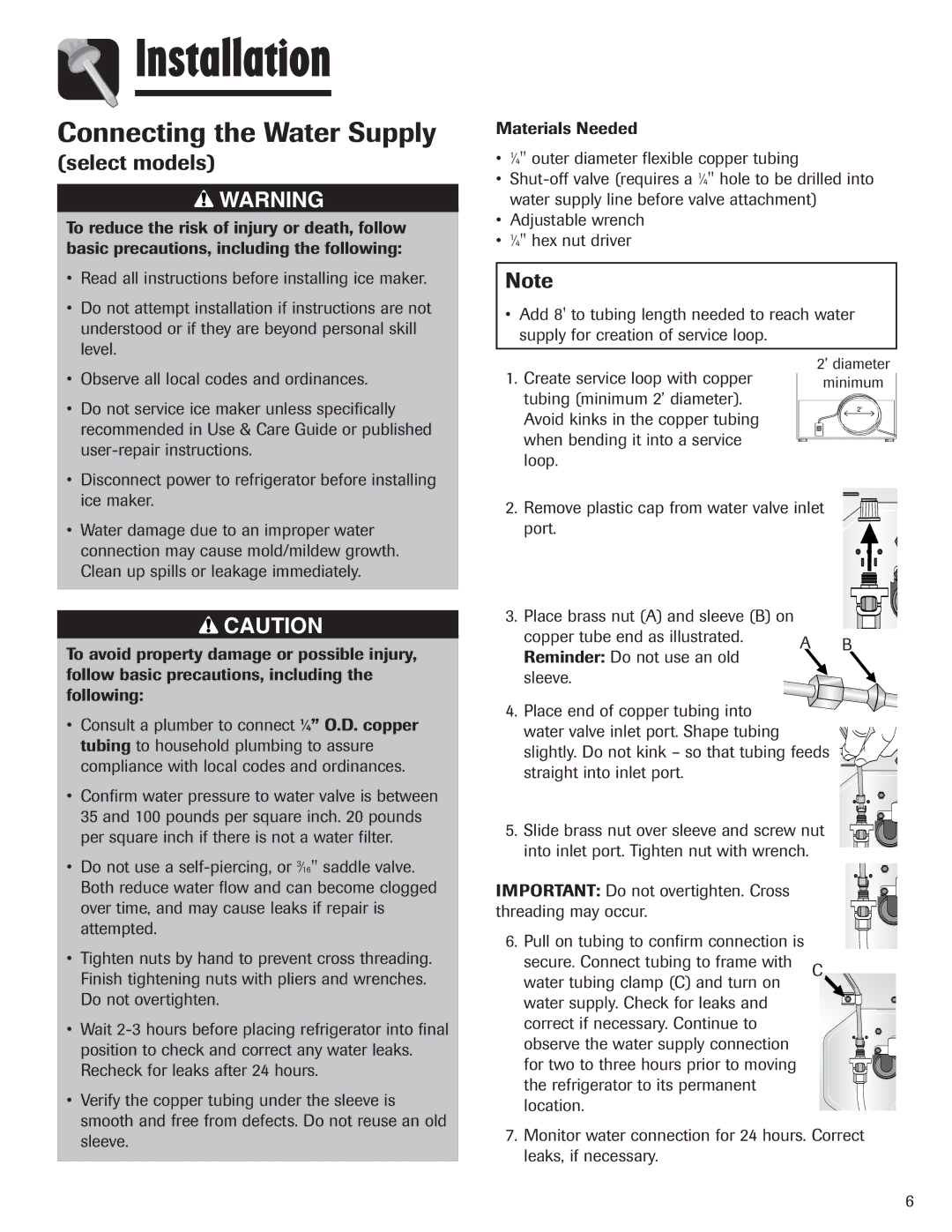 Maytag 3013912910 important safety instructions Connecting the Water Supply, Select models 