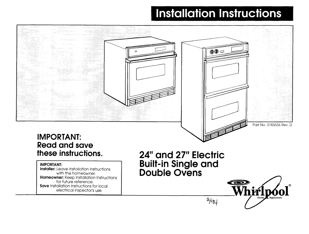 Maytag 3183636 installation instructions Electric Built-in Single Double Ovens 