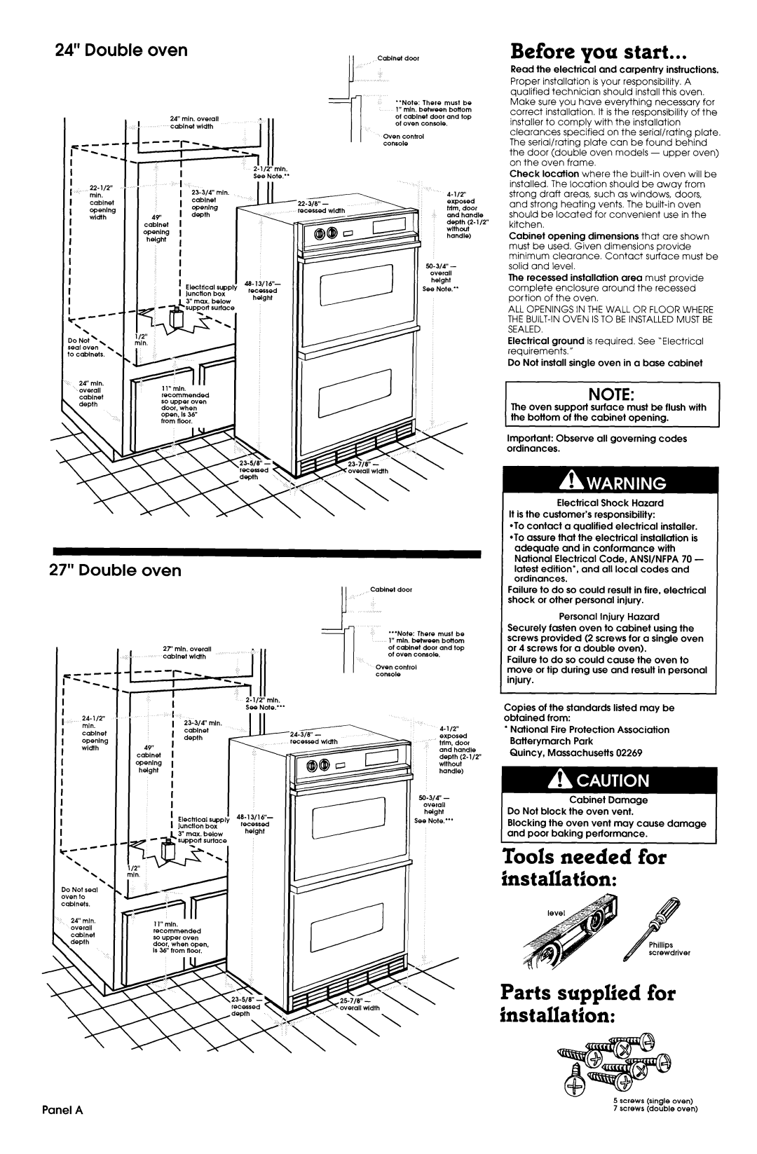 Maytag 3183636 Before you start, Tools needed for installation, Parts supplied for installation, Double oven 