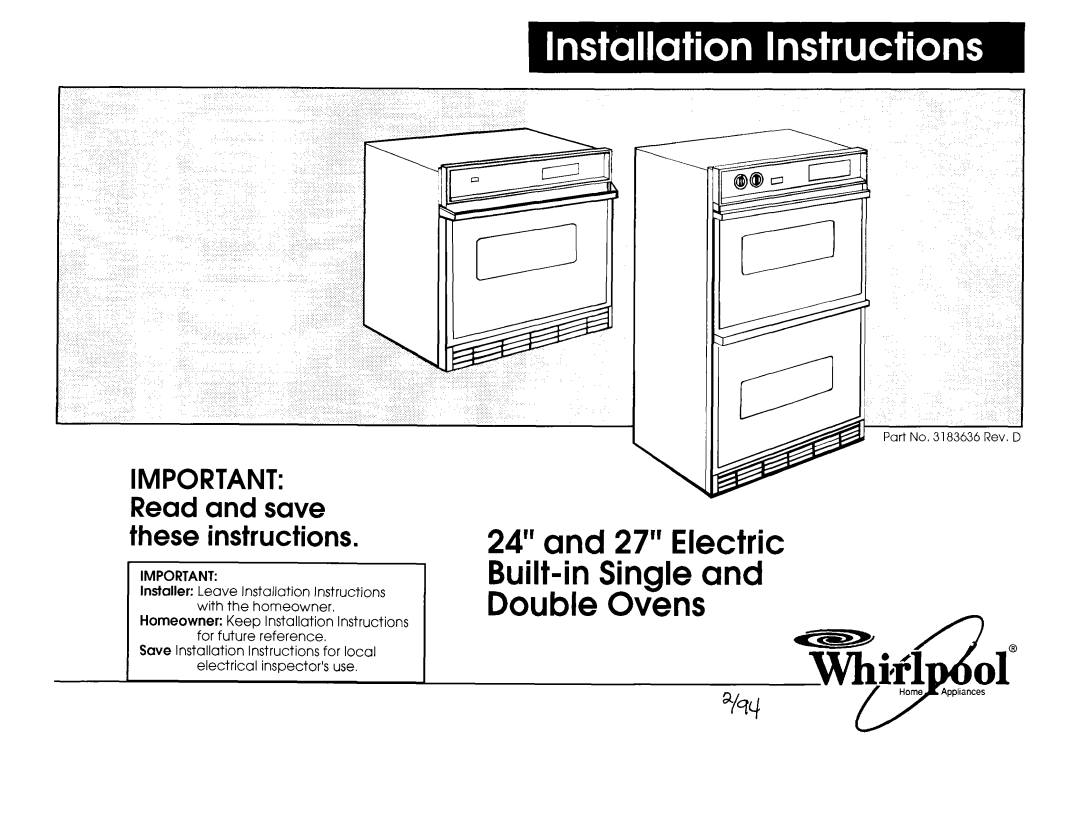 Maytag 3183636 installation instructions 24” and 27” Electric Built-inSingle and, Double Ovens 