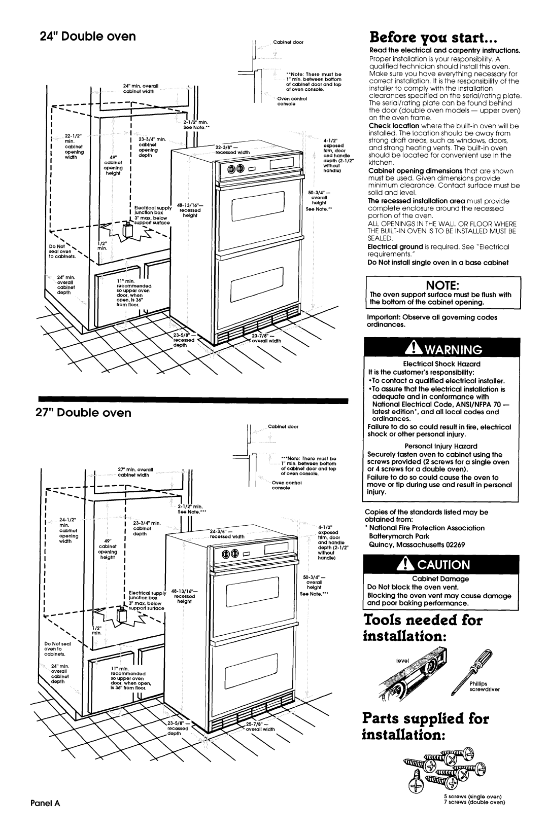 Maytag 3183636 Before you start, Tools needed for installation, Parts supplied for installation, 24” Double oven, Panel A 