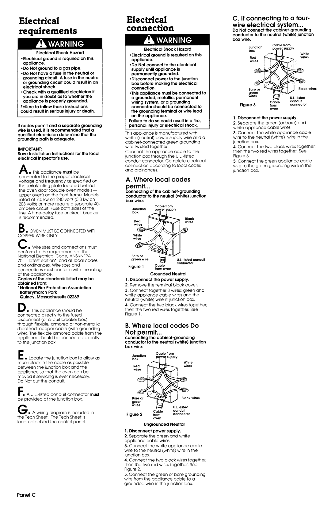 Maytag 3183636 Panel C, Electrical requirements, Electrical connection, A. Where local codes permit 