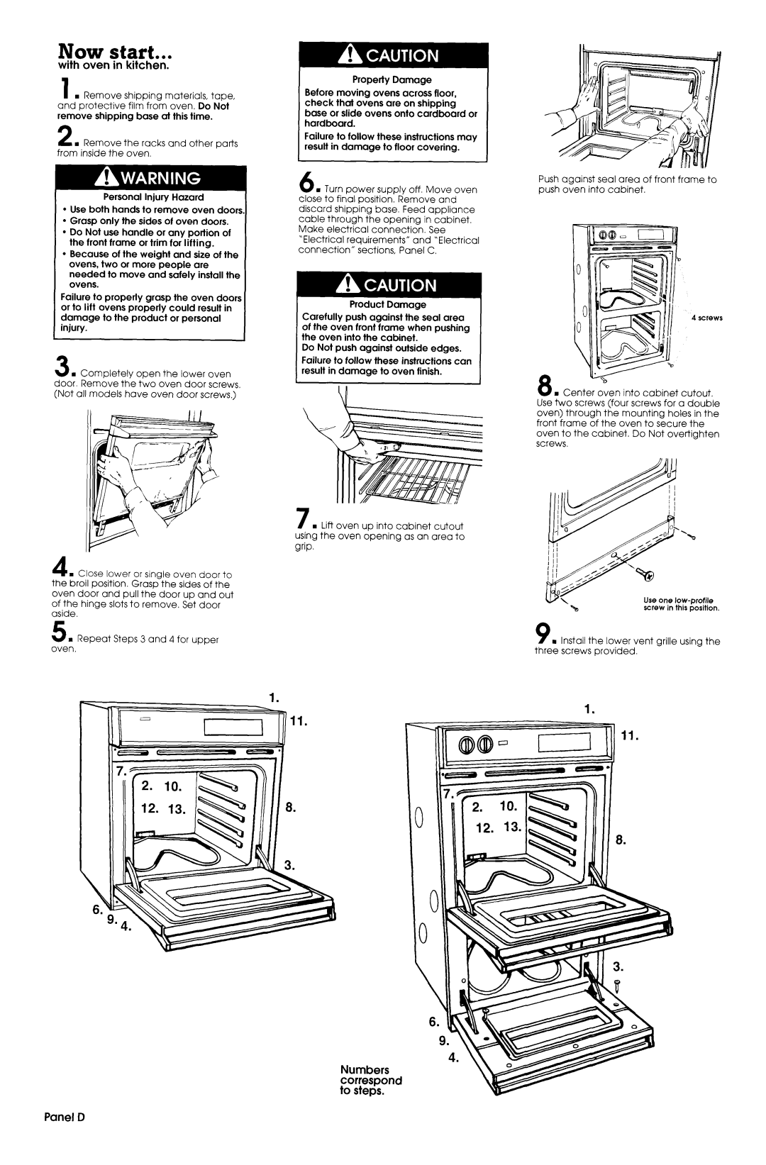 Maytag 3183636 installation instructions Now start, with oven in kitchen, Panel D, Numbers correspond to steps 