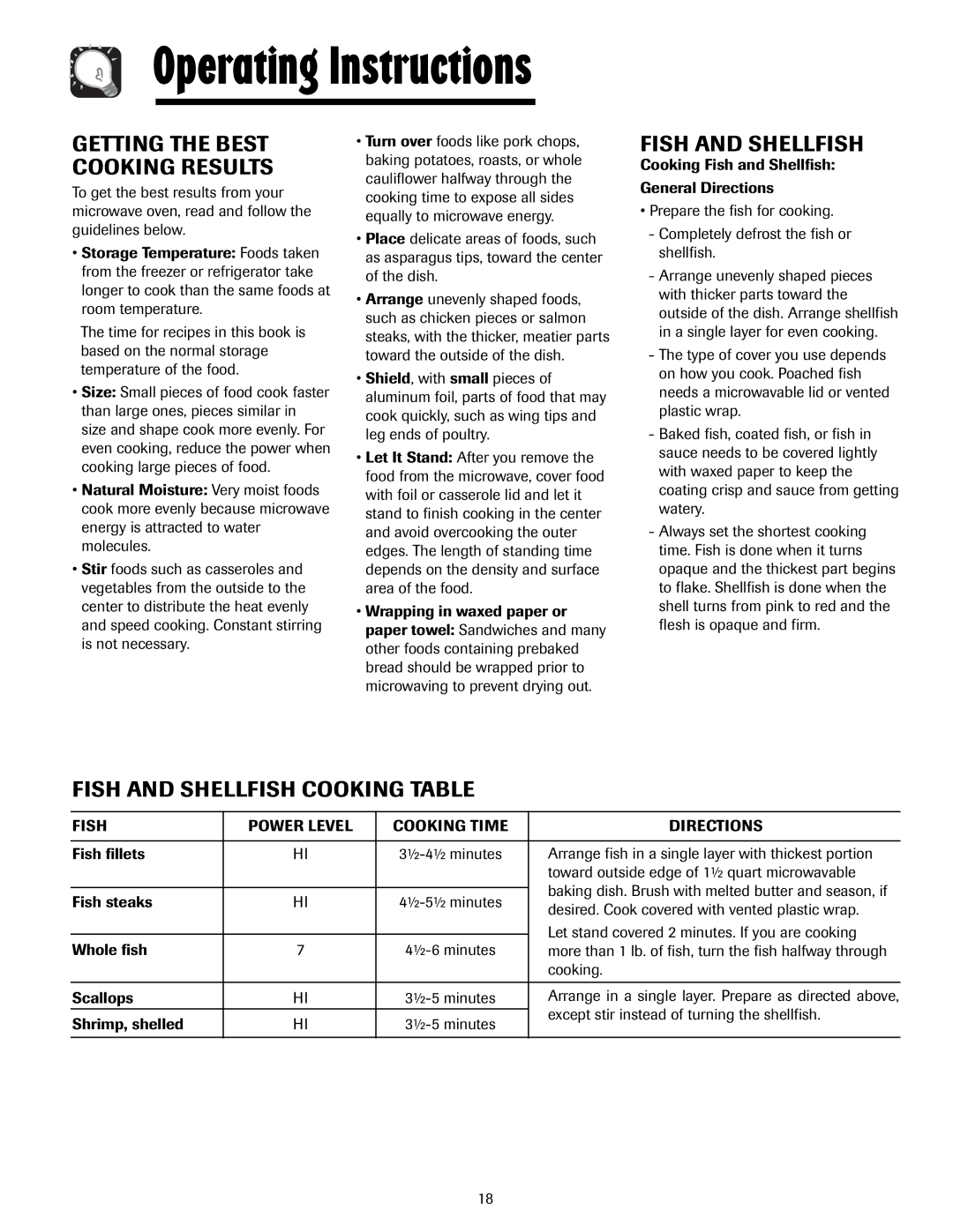 Maytag 3828W5A4194, 8112P268-60 Fish and Shellfish Cooking Table, Fish Power Level Cooking Time Directions 