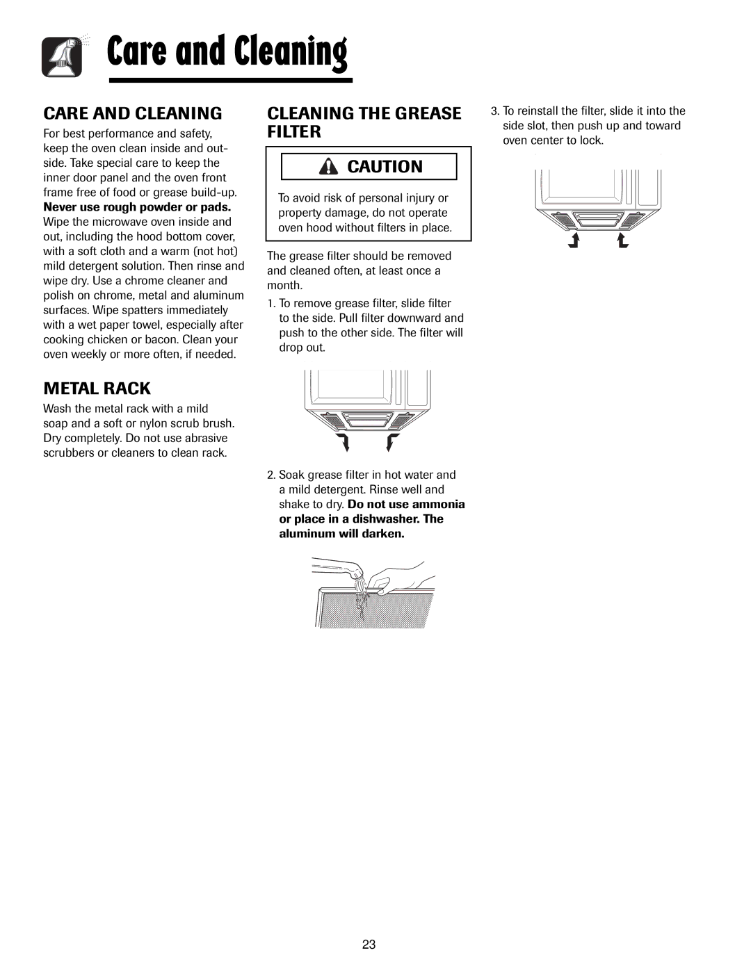 Maytag 8112P268-60, 3828W5A4194 important safety instructions Care and Cleaning, Cleaning the Grease Filter 