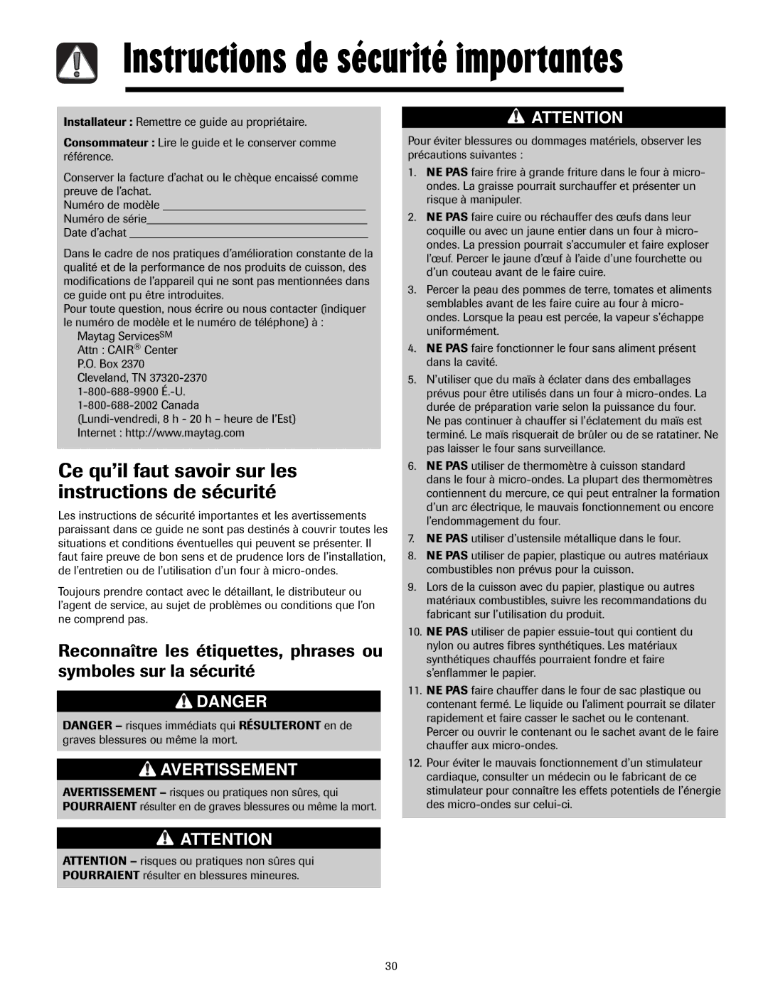 Maytag 3828W5A4194, 8112P268-60 important safety instructions Instructions de sécurité importantes 