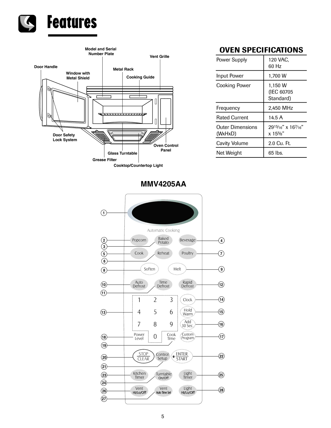 Maytag 8112P268-60, 3828W5A4194 important safety instructions Features, Oven Specifications 