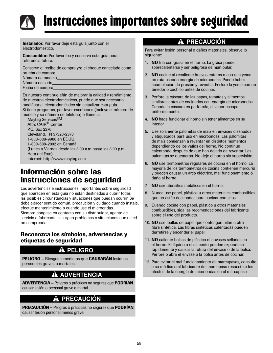 Maytag 3828W5A4194, 8112P268-60 important safety instructions Instrucciones importantes sobre seguridad 