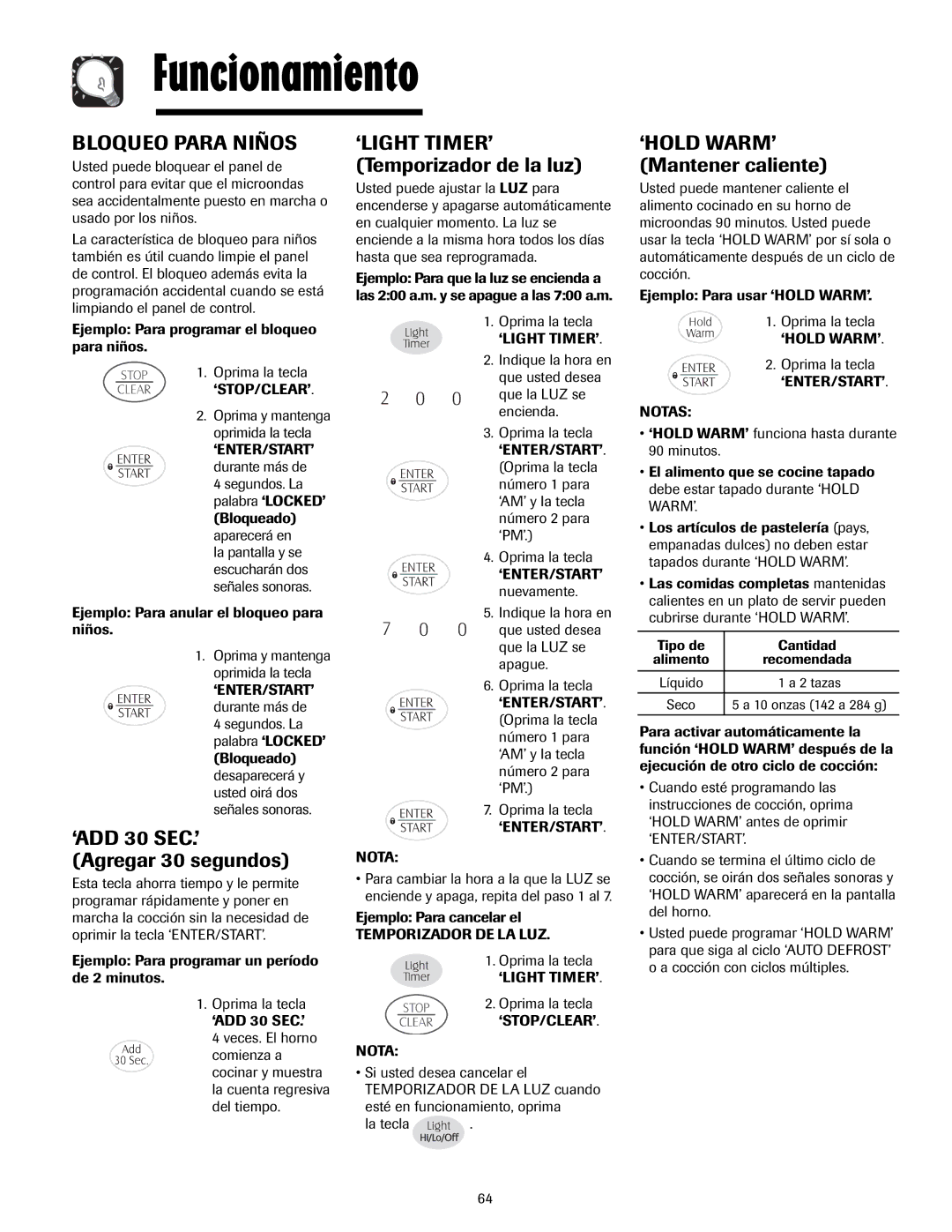 Maytag 3828W5A4194, 8112P268-60 important safety instructions Bloqueo Para Niños, Temporizador DE LA LUZ, Notas 