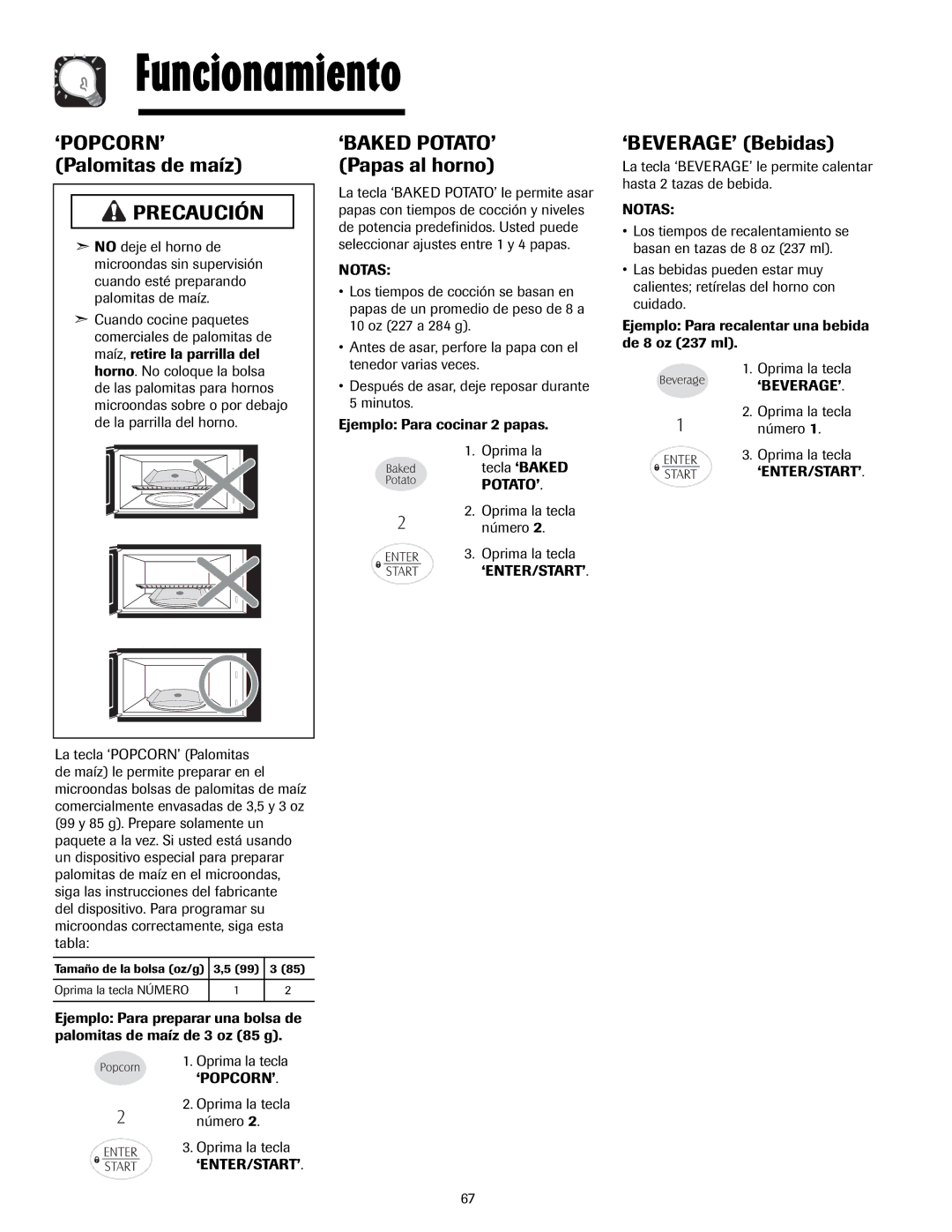 Maytag 8112P268-60, 3828W5A4194 ‘BAKED POTATO’ Papas al horno, Oprima la tecla número Oprima la tecla ‘ENTER/START’ 