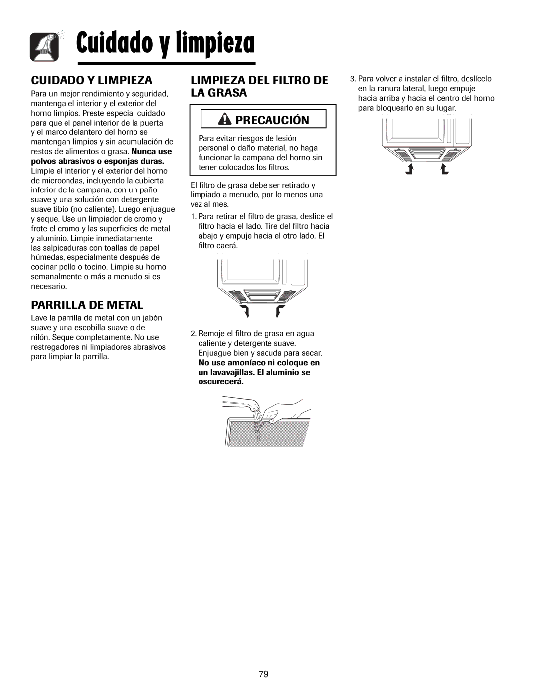 Maytag 8112P268-60 Cuidado y limpieza, Cuidado Y Limpieza, Parrilla DE Metal, Limpieza DEL Filtro DE LA Grasa Precaución 