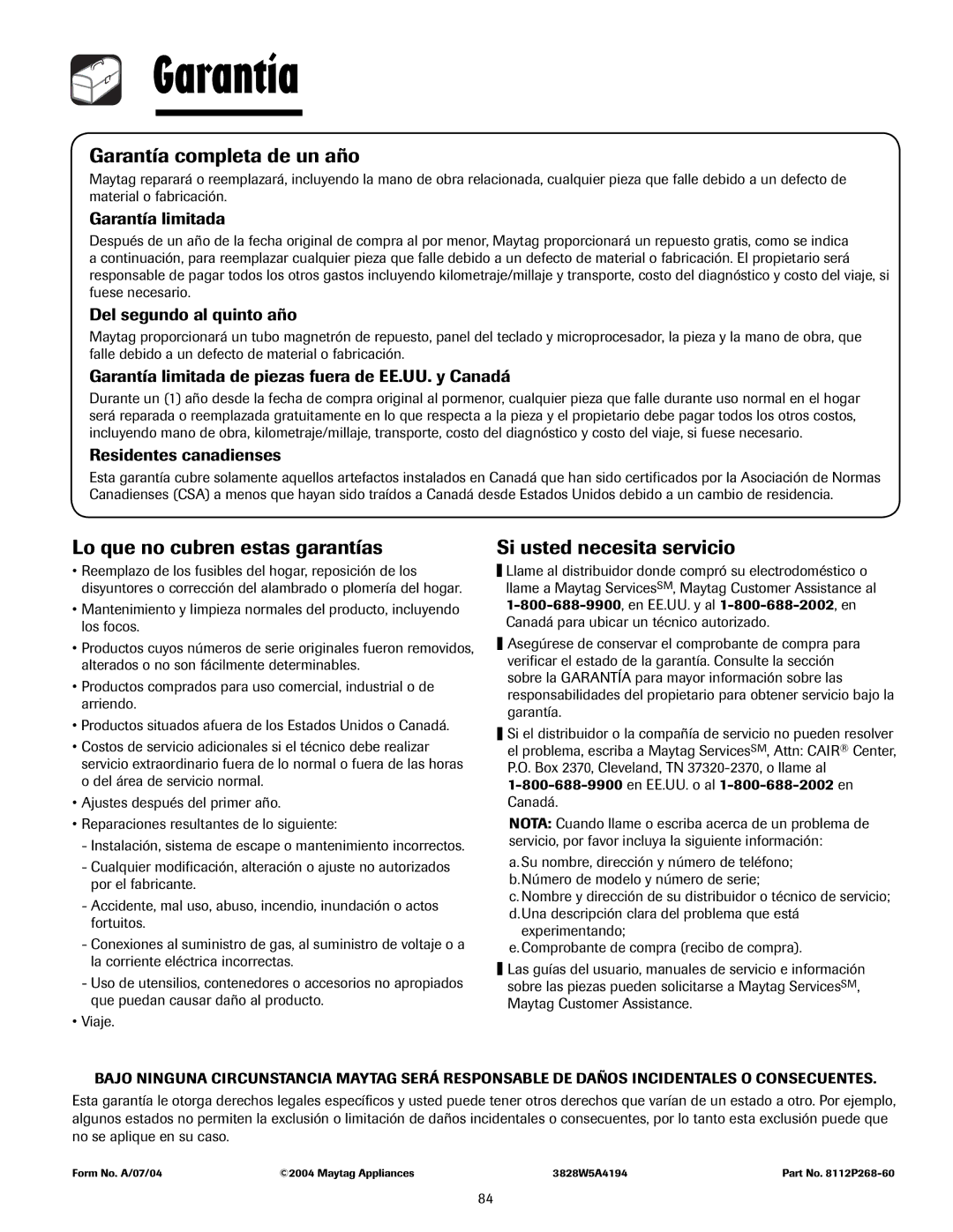 Maytag 3828W5A4194, 8112P268-60 important safety instructions Garantía, En EE.UU. o al 1-800-688-2002 en Canadá 