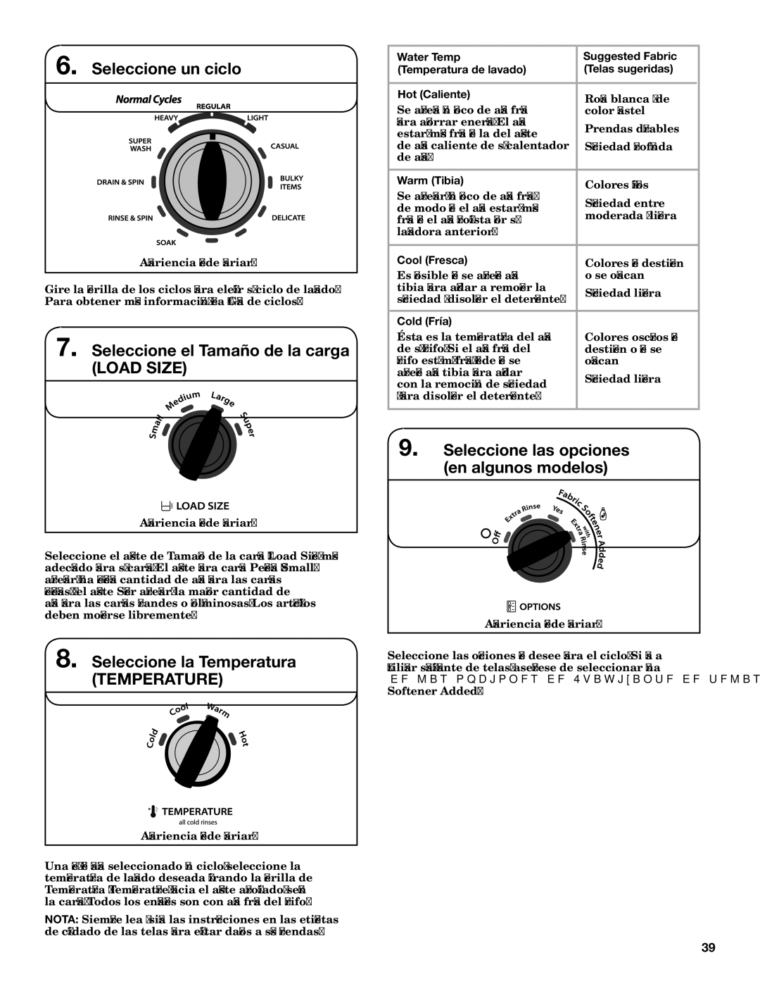 Maytag 3LWTW4840YQ, 3LWTW4800YQ Seleccione un ciclo, Seleccione el Tamaño de la carga Load Size, Seleccione la Temperatura 