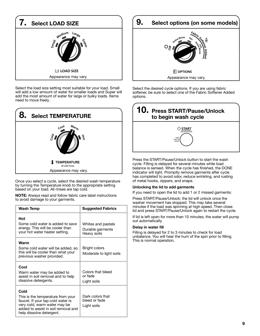 Maytag 3LWTW4840YQ, 3LWTW4800YQ, 3LWTW4740YQ Select Load Size, Select Temperature, Select options on some models 