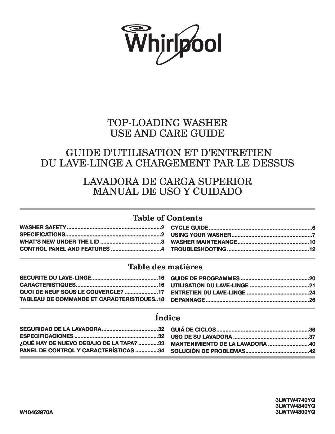 Maytag 3LWTW4800YQ specifications Table of Contents, Table des matières, Índice, Top-Loading Washer Use And Care Guide 
