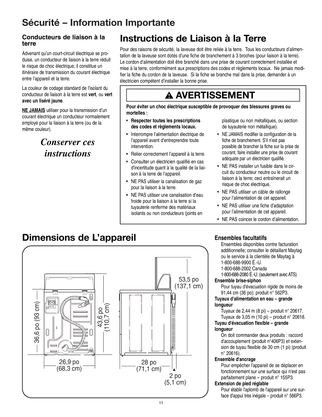 Maytag 40136001 Sécurité Information Importante, Instructions de Liaison à la Terre, Conserver ces Instructions 