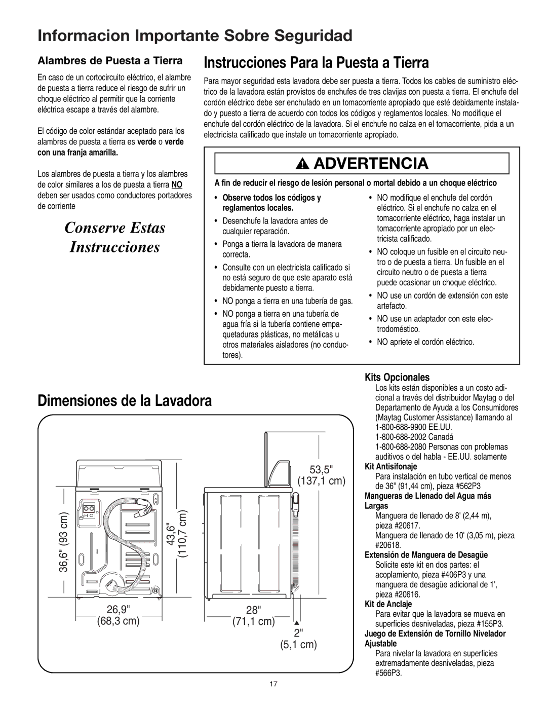 Maytag 40136001 Informacion Importante Sobre Seguridad, Instrucciones Para la Puesta a Tierra, Dimensiones de la Lavadora 