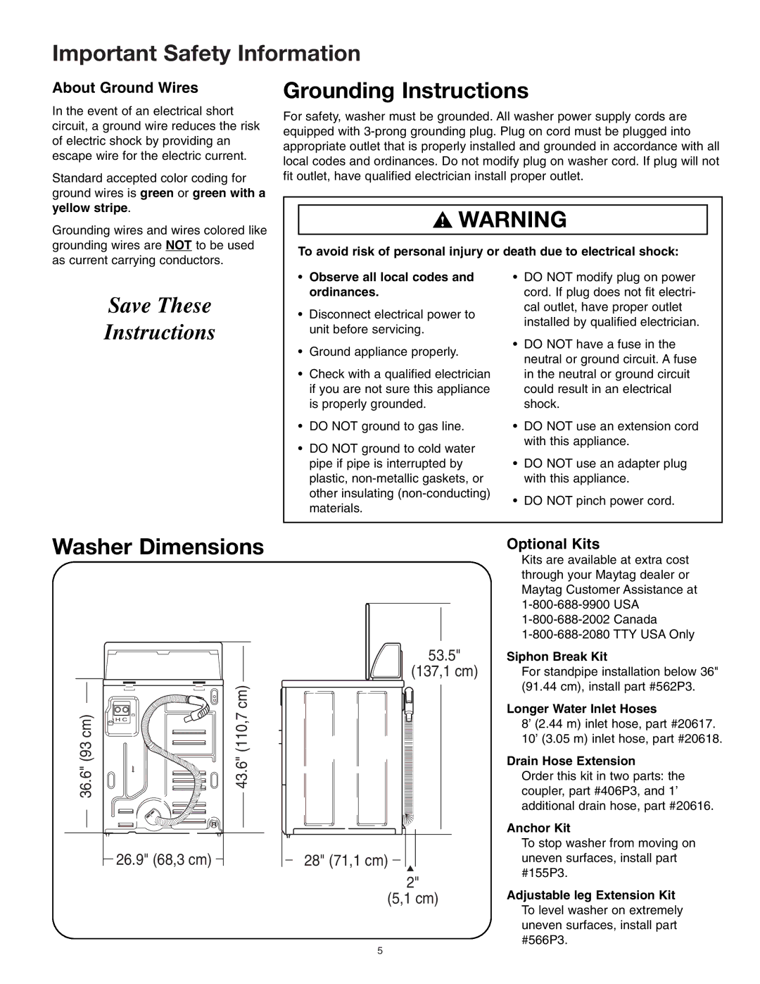 Maytag 40136001 installation instructions Important Safety Information, Grounding Instructions, Washer Dimensions 